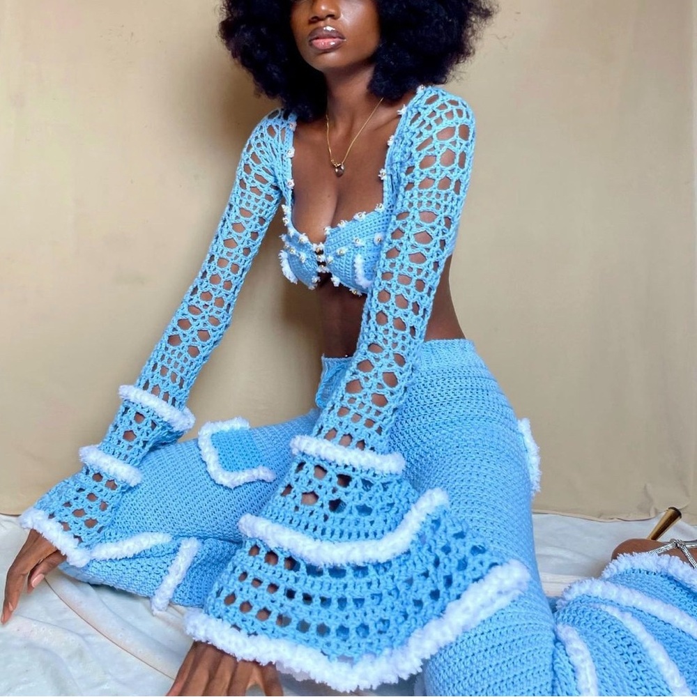 Blue and white crotchet two piece bralette and maxi skirt